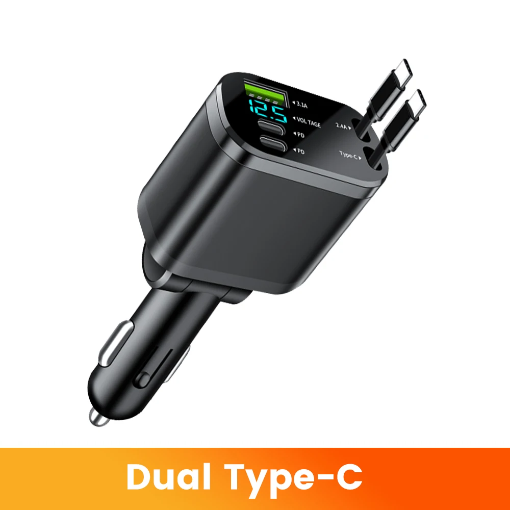 High-Power Car Charger with Retractable Dual Type-C Cable and Fast Charging Capability