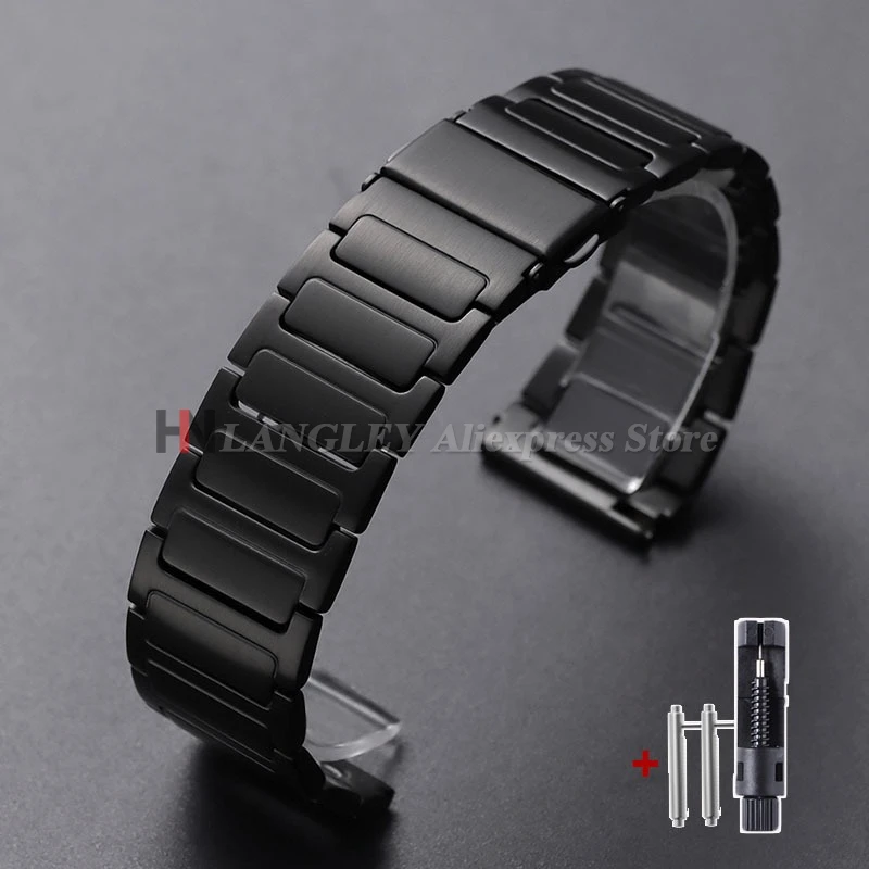 Premium Stainless Steel Smartwatch Strap - Sporty Silver & Black Bracelet with Folding Buckle