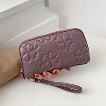  Genuine Leather Women Wallet Embossed Floral Clutch Purse Real Cow Leather Coin Pocket Money Purses Fashion Wristlet Phone Bag 