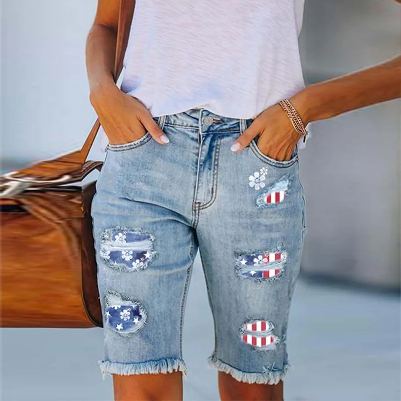 

2022 July 4th Girl Maid Denim Five Pants Women Summer Independence Day Flag High Waist Ripped Tassel Straight Jeans Lady Shorts