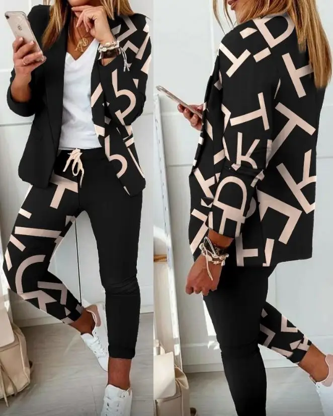 Elegant Women's Sets Blazer Sets Shawl Collar Button Work Letter Print Long Sleeve Blazer & Drawstring Pants Set Office Lady