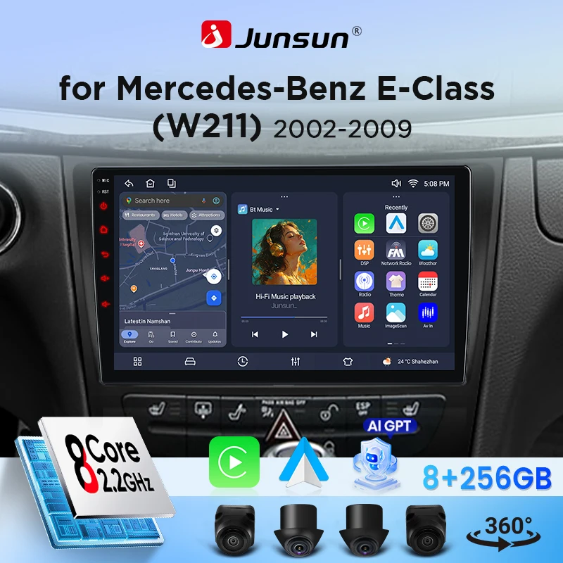 Radio de coche Junsun con CarPlay inalámbrico y Android Auto para Mercedes-Benz Clase E (W211) 2002-2009, con ventilador de refrigeración integrado, navegación GPS Android, reproductor multimedia, WiFi, DSP, RDS, BT, SWC, pantalla táctil IPS, unidad principal de autorradio estéreo. 1