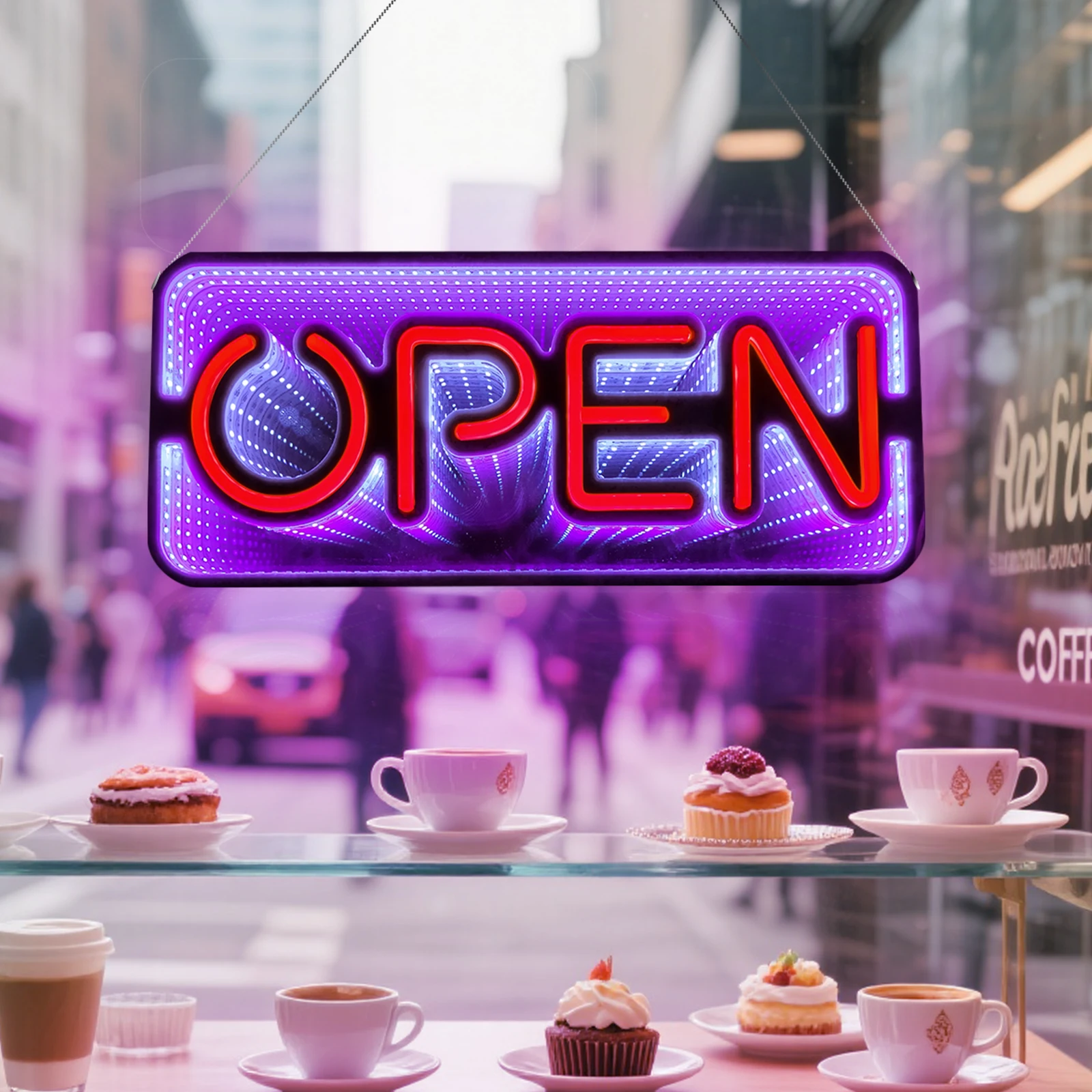 Double-side 3D Tunnel OPEN Neon Light Sign Hanging for Shop Bar Business Store signs