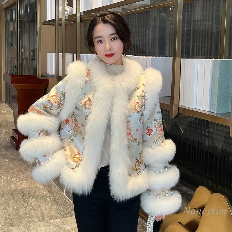 2023 Autumn Winter New Chinese Style Faux Fox Fur Coat for Women Short Chic Young Beaded Cotton-Padded Tang Coat Party Daily