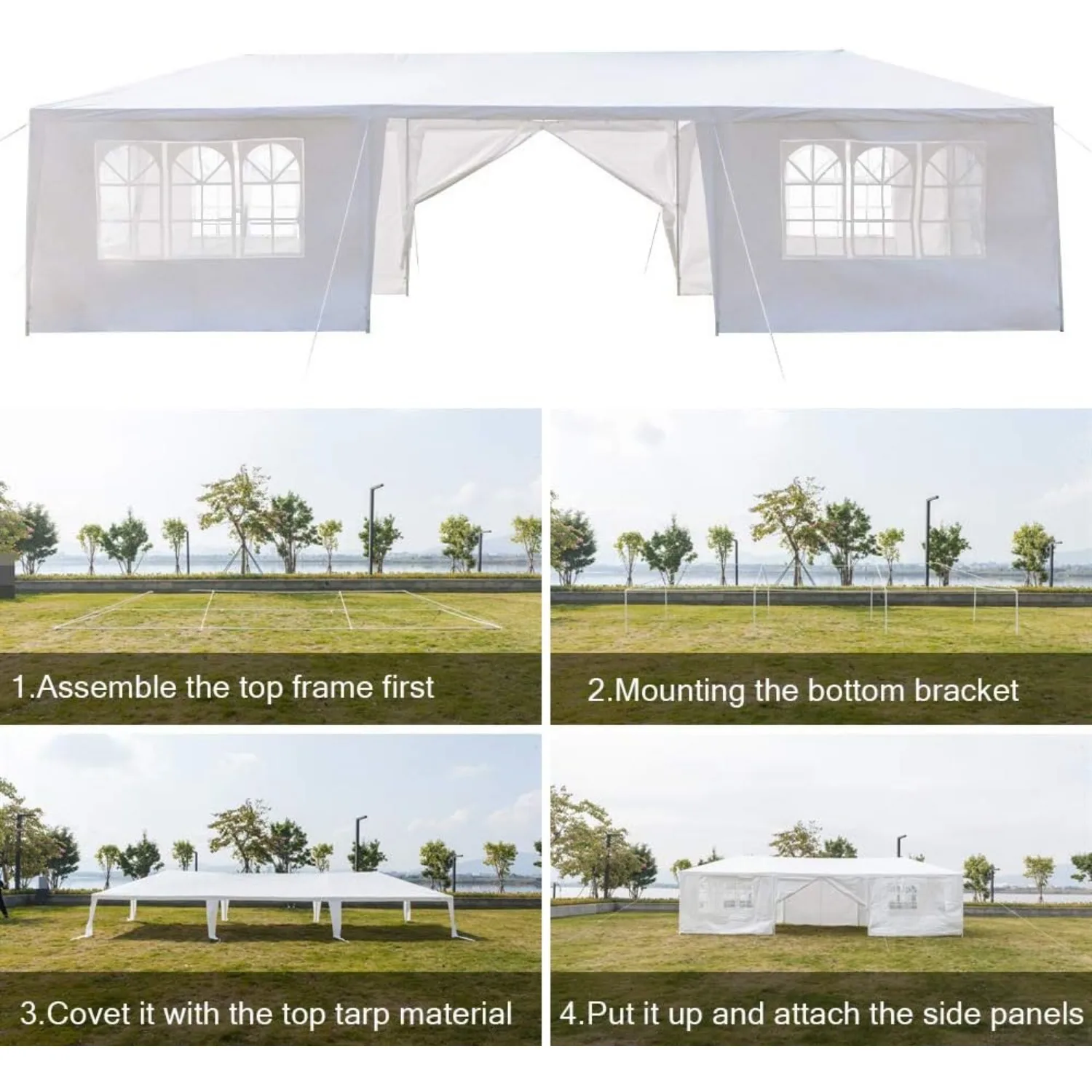 10'x30' Outdoor Patio Wedding Party Tent Heavy Duty Canopy Tent Gazebo, Waterproof UV Protection Tent with Spiral Tubes White 4