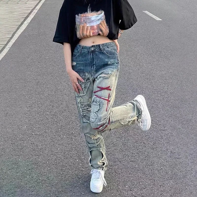 Vibe Streetwear American Style Vintage Ripped Straight Leg Denim Pants Men's Washing Destructed Slims Smooths Your Silhouette