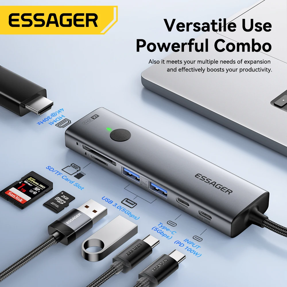 Essager 7-IN-1 USB C HUB USB C Docking Station Disk Enclosure PD100W USB3.0 5Gbps Type-C to HDMI Adapter For Macbook Pro Xiaomi