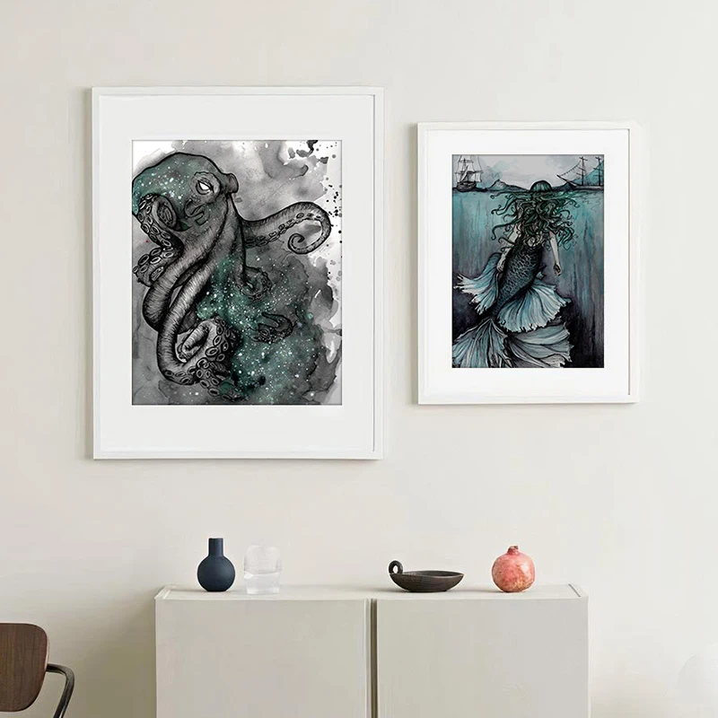 Dark Mermaid Illustration Art Prints Acquerello Space Kraken Painting Canvas Poster Bagno Immagini A Parete Decorazione Della Casa
