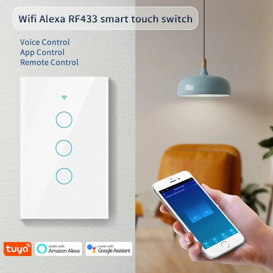 Tuya WiFi Smart Light Switch US 120 Type Wireless Wall Touch Panel 1/2/3/4 Gang Support Alexa Google Home Smart Life