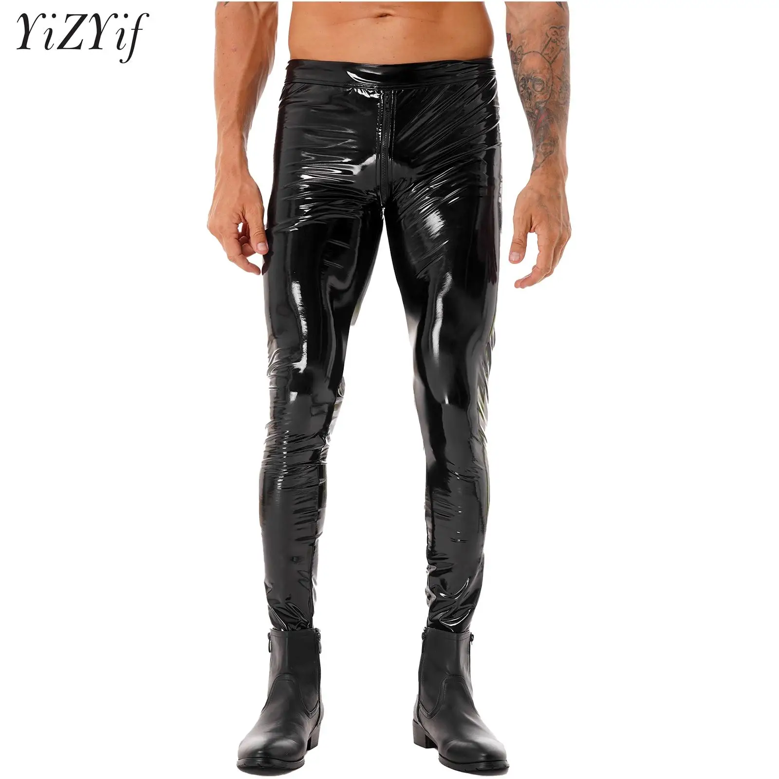 

Mens Wet Look Faux Leather Skinny Straight Leg Motorcycle Biker Pants Metallic Slim Fit Zipper Crotch Trousers Tights Leggings