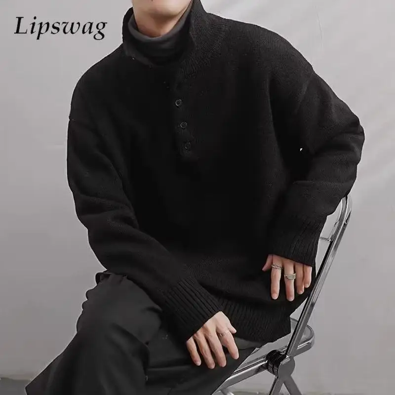 

Casual Buttoned Turtleneck Mens Jumper Tops Knitted Sweater Fashion Solid Color Long Sleeve Loose Knit Pullover For Men Sweaters