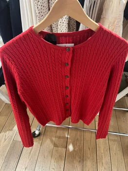 New Red Twist flower Knitted Sweater Cardigan O-Neck Single Breasted Long Sleeve Slim Coat Vintage Streetwear Simple Crop Top 1