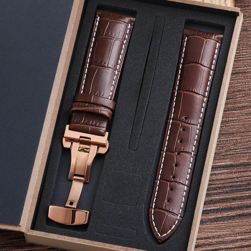 Luxury Genuine Cowhide Leather Watch Strap with Butterfly Clasp and Gift Box