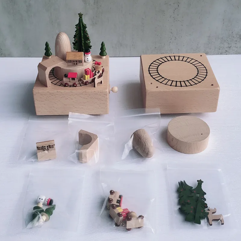Handmade Wooden Music Box Creative Retro Rotating Music Box Christmas Birthday Gifts DIY Log Making Ornament Home Decoration music box,carousel music box
