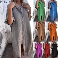Cotton Linen Mid-Sleeve Shirt Dress 2026 Spring Summer European and American Style Loose Fit for Daily Wear