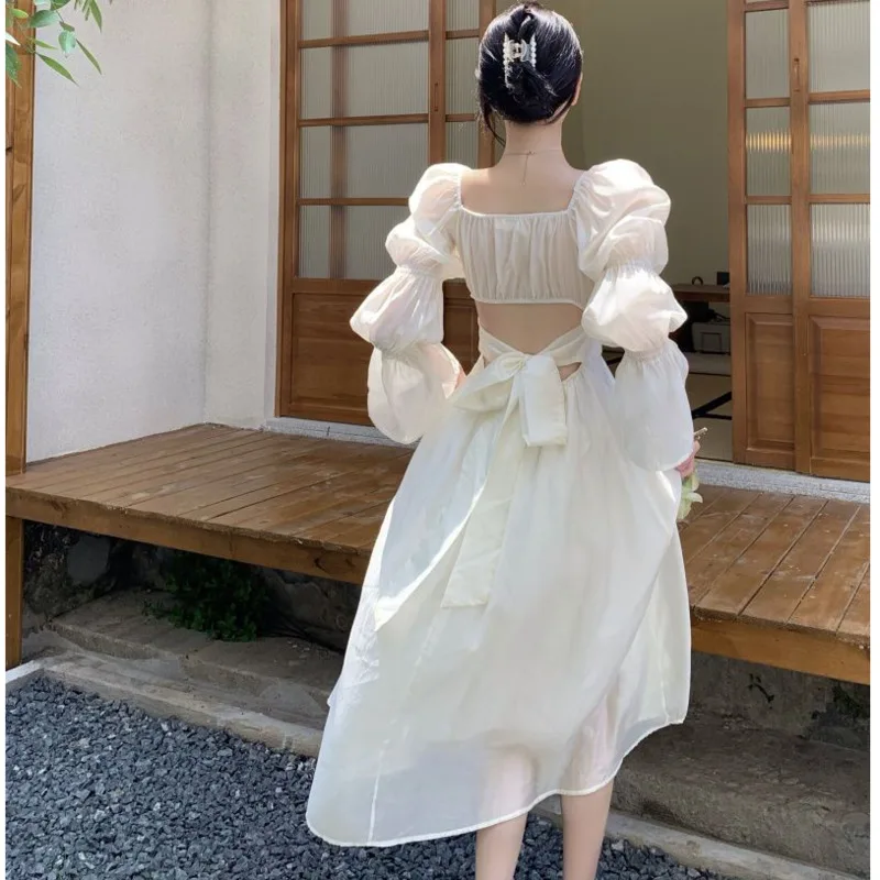 Korean Style Puff Sleeve Long Dress For Women Solid Square Collar