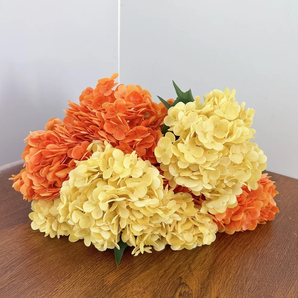 Neue große Hortensien-künstliche Blume, feuchtigkeitsspendend, True Touch, Orange, Gelb, gefälschte Hortensien, Wohnzimmer-Dekoration, Hochzeit, Bühne
