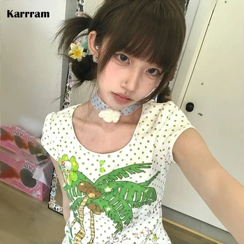 Karrram Japanese Y2k Kawaii T-shirt 2000s Aesthetics Coconut Tree Print T Shirt Vintage Harajuku Polka Dots Crop Tops Lolita 90s 1