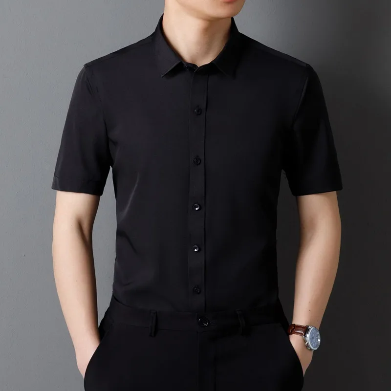 Classic Men's Shirt Summer Short Sleeve Business Formal Fit Soft Anti Wrinkle Social Smooth Workwear Blue Black Grey Large 5XL 3