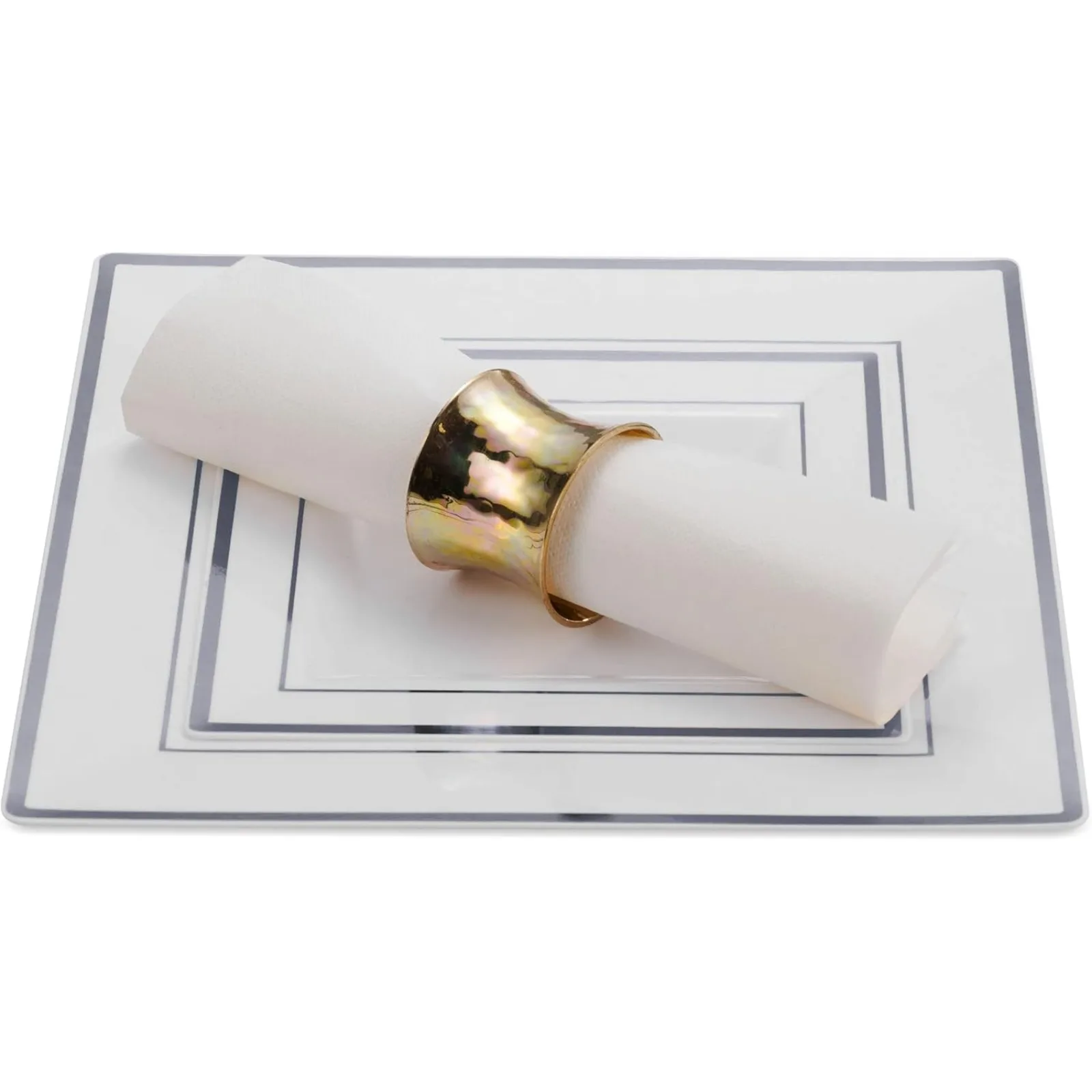 US 100 PCS Disposable Plastic White Square Plates, 100-Pack 6.5 & 10 In. Combo Premium Heavy Duty Silver