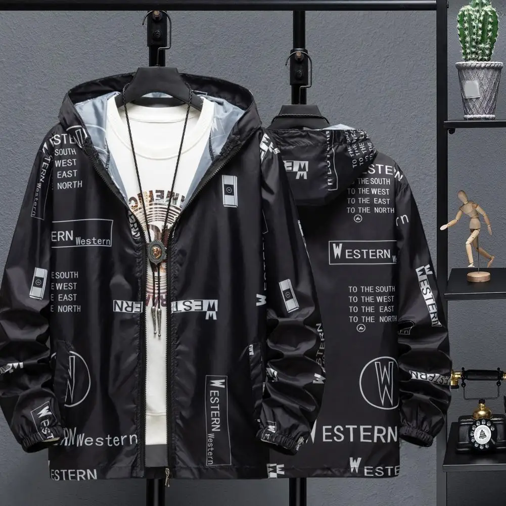 Sun Protection Coat Men's Sun Protection Hooded Jacket with Quick Drying Technology Zipper Placket Letter Print Long for Fishing