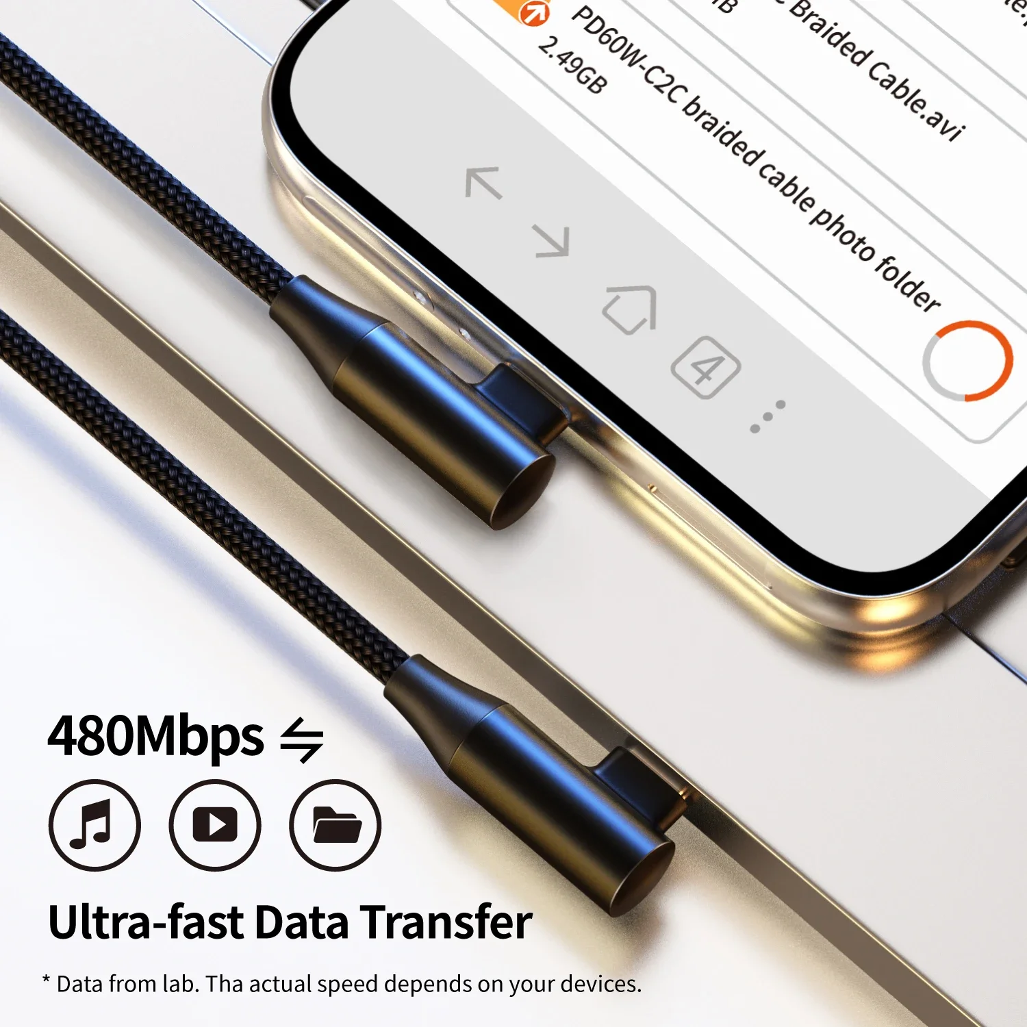 Ultra-Durable 60W USB-C Fast Charging Cable with 90° Angled Design, Nylon Braided, Multiple Length Options