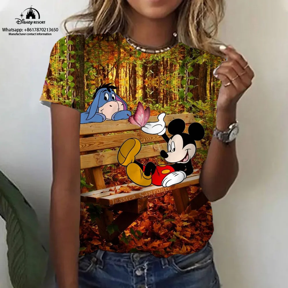 

Summer Women's Beach Party New Fashion Casual Round Neck Mickey Minnie Anime Disney Harajuku Short Sleeve T-Shirt Ladies Tops