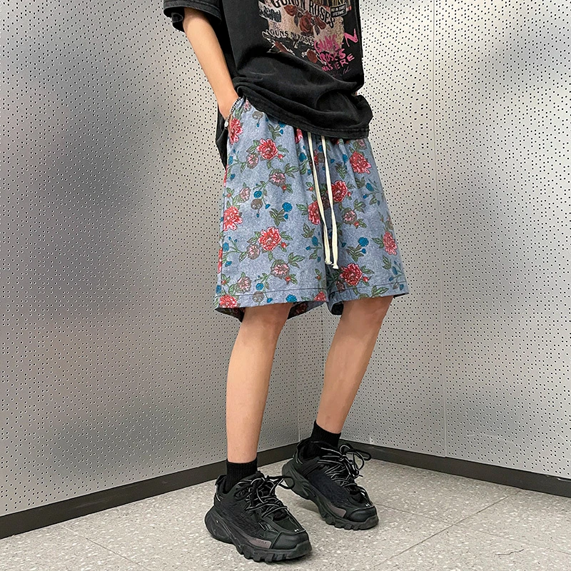 2023 New Casual Shorts for Men Gothic Summer Beach Knee Length Pants Elastic Waist Loose Male High Street Streetwear Gym Shorts