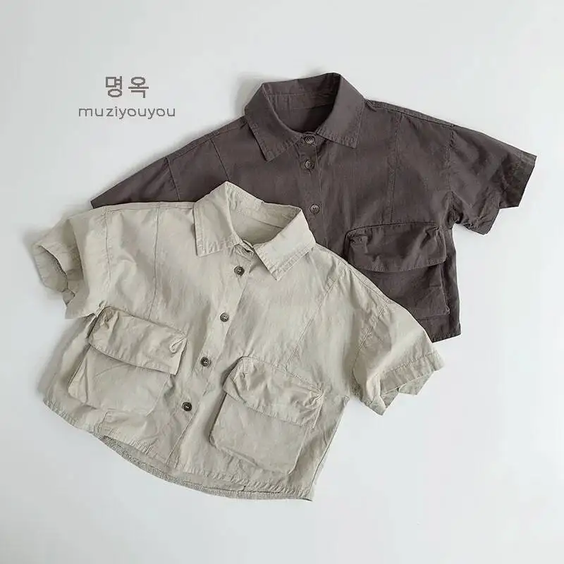 Frühling Sommer Kinder Shirts 1-8Y Jungen Baumwolle Gespleißt Taschen Kurzarm Cargo Tops Koreanische Kleinkind Tragen Für Kinder Kleidung Neue – Detail 2
