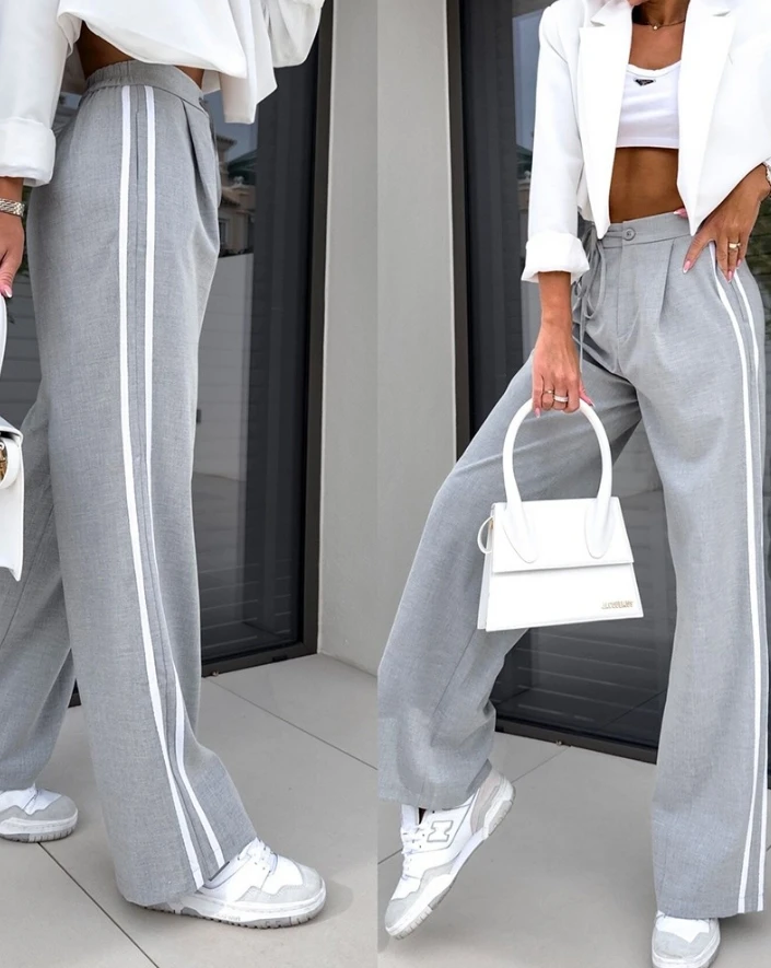 Women's Pants 2024 Spring Fashion Striped Drawstring Lace Up High Waist Casual Loose Daily Long Straight Leg Pants