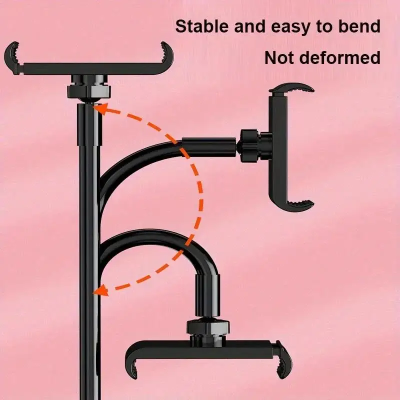 Schwarzer verstellbarer Tablet-Ständer mit flexiblen, biegbaren Armen und robusten Klemmen zur sicheren Geräthaltung, dargestellt in einem flexiblen Tablet-Ständer mit langem Arm und Bettmontage-Klemmhalterung.