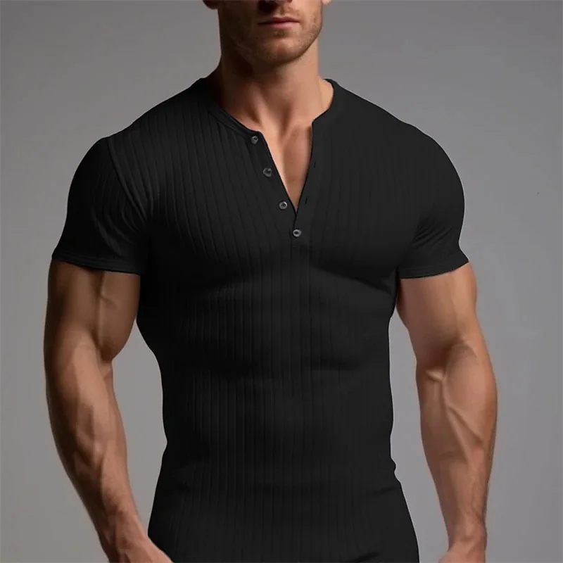 T-shirt sportiva da uomo slim a maniche corte Fitness Filo elasticizzato Slim Pullover tinta unita Top casual - immagine 6