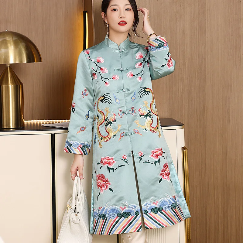 

Spring And Autumn New Chinese Style Palace Embroidery Dragon Stand Collar Single-Breasted Elegant Mid-Length Lady Coat S-XXL