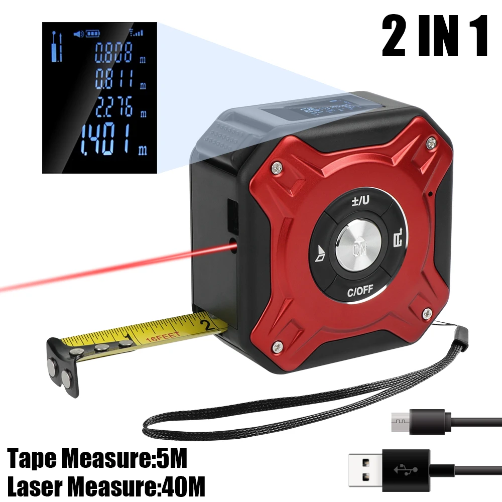 

NICEYARD 40M Laser Rangefinder Backlit LCD Display Distance Meter 2 In 1 5M Tape Measure Measuring Device USB Charging Portable