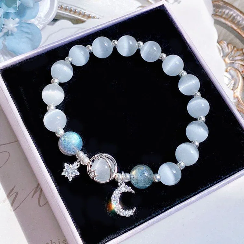 Braccialetto Niche Design con catena a stella e nappine per donna, braccialetto elastico con perline di cristallo blu fantasy e cordino, gioiello ideale come regalo per la migliore amica._voghion.com