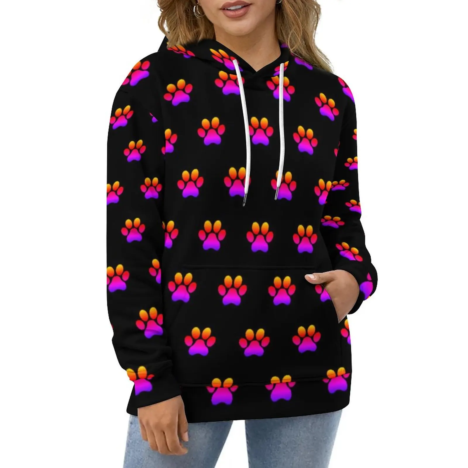 

Neon Dog Paws Hoodies Spring Cute Animal Classic Oversized Pullover Hoodie Ladies Long Sleeve Y2k Graphic Casual Sweatshirts