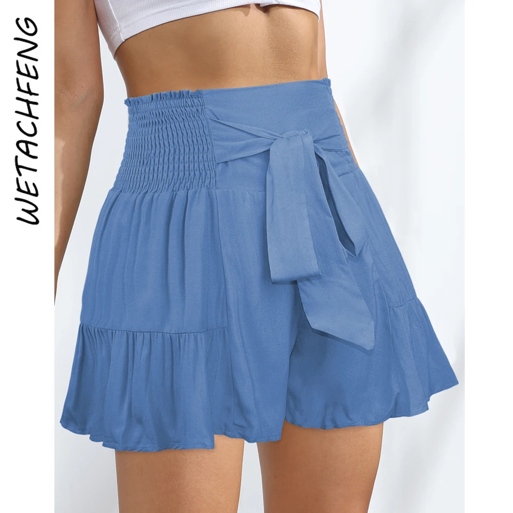 

Solid Ruched Elastic High Waist Wide Leg Pants Shorts Skirts Summer Beach Bohemian Lace-up Ruffles Loose Shorts Women Clothing