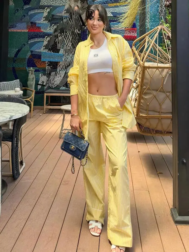 HH Women Yellow Stripe Blouse Pant Suit Loose  Long Sleeve Shirt Drawstring Trousers 2024 Female Fashion Streetwear Outfits