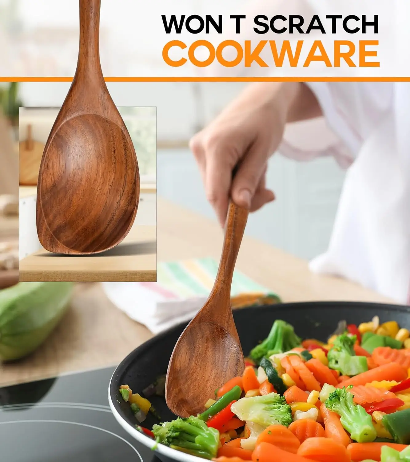Natural Teak Wood Cooking Spoons Set, Heat Resistant Utensils with Corner Design for Nonstick Cookware Kitchen Gifts 4