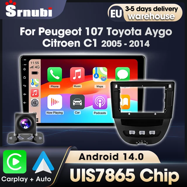 Systèmes intelligents pour voitures Srnubi 2026 pour Peugeot 107 Toyota Aygo Citroën C1 2005-2014 Navigation Écran Carplay Android Auto 1