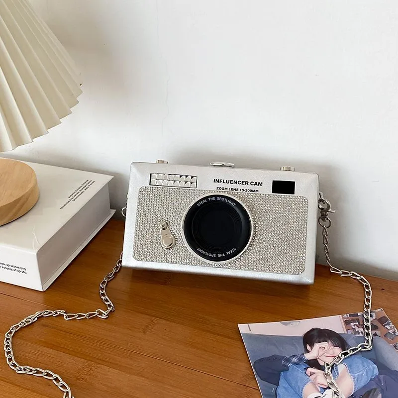 Korean Faux Camera Shape Shoulder Bag Women Chain Rhinestone Box Crossbody Bag Ladies Fashion Unique Design Small Square Bag New