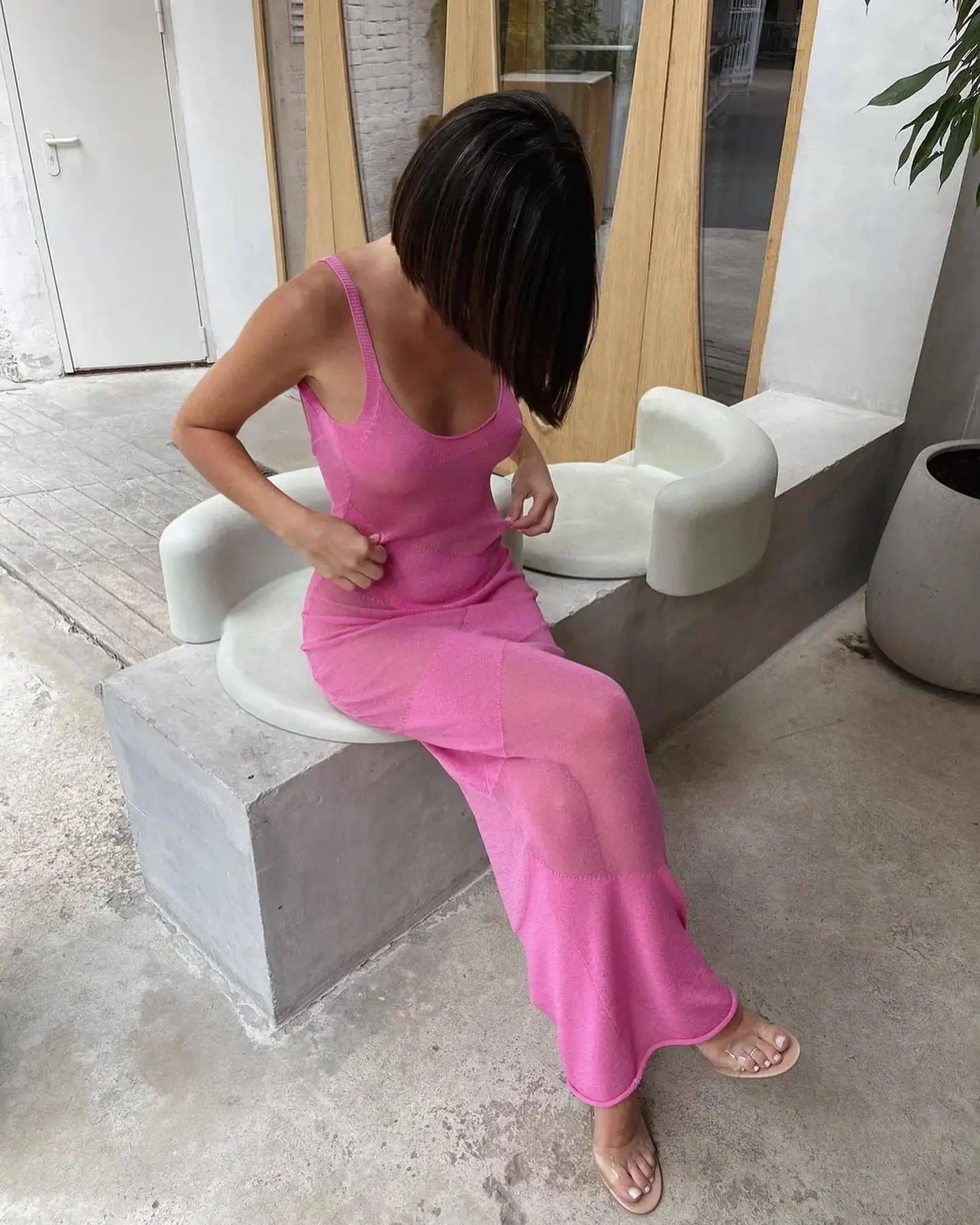 Backless Patchwork Maxi Dress Cover up For Women Slim Loose Holiday Beach See-Through Clothes Dress Female Knit Long Dress