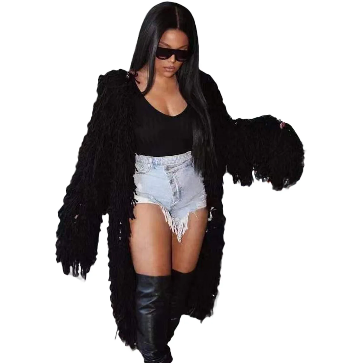 

Hand Crochet Knitted Tassel Cardigan Woman Full Sleeve Open Stitch Fringed Sweaters Coat 2022 Winter Casual Smock Outwear