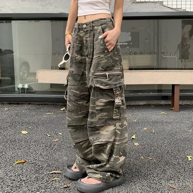American Retro Distressed Camouflage Overalls Stylish High Street Straight Jeans Baggy Jeans Harajuku Y2k Hot Girl Trousers 2