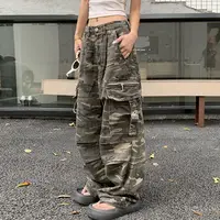 American Retro Distressed Camouflage Overalls Stylish High Street Straight Jeans Baggy Jeans Harajuku Y2k Hot Girl Trousers 2