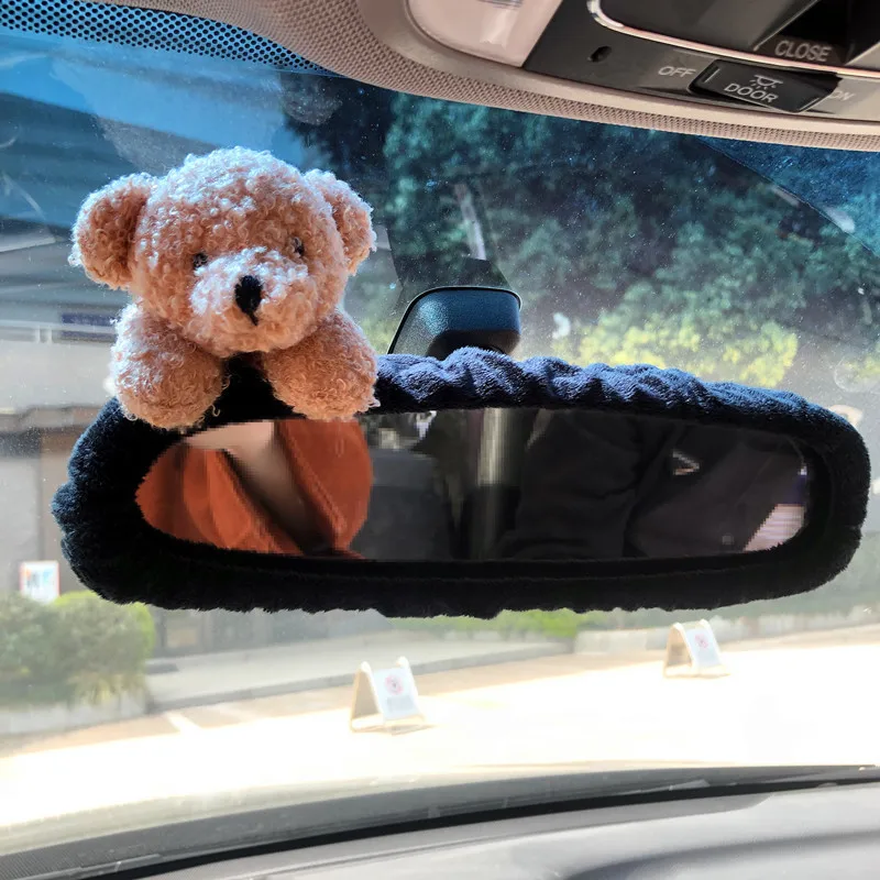 Creative Cute Panda Devil Horns Bow Doll Car Mirror Cover Decoration New Cartoon Animal Reverse Mirror Car Interior Accessories