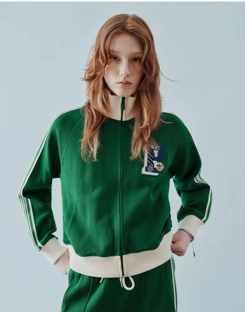 

Stand Neck Zipper Loose Casual Jackets for Women Traf Green Color Bear Embroidery Autumn Coat Clothing Feminino