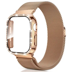 Elegant Diamond Milanese Loop Band with Protective Case for Apple Watch - Luxe Edition Strap (Rose gold 07)