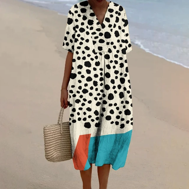 Women's Polka Dot Printing Long Dress, Loose Casual Dress, V-Neck, Black and White, Trendy Traf Wear, Designer, New Dresses 1