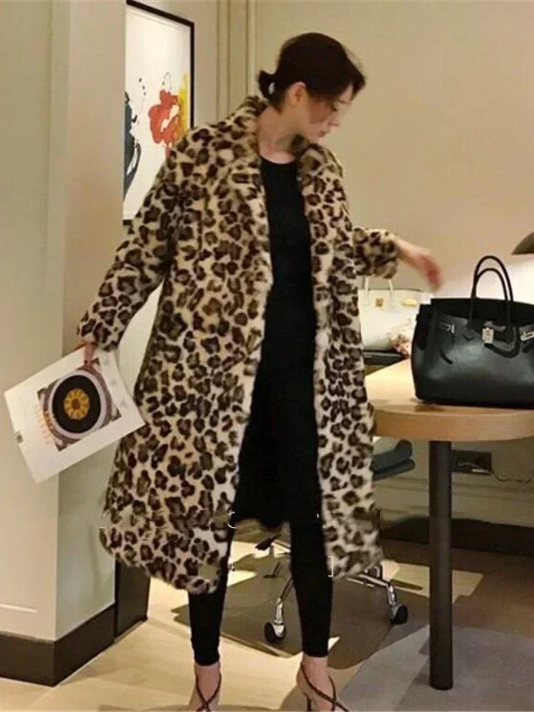 

Women Faux Fur Coat Winter Leopard Thick Fluffy Long Sleeve Warm Outerwear Luxury Fur Jacket Elegant Mujer Bontjas Long Coats